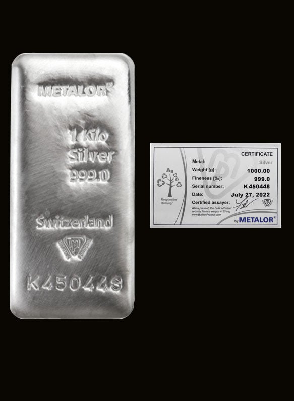 Lingou din argint 1 kg Metalor - certificat