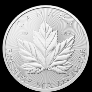 Moneda din argint Maple Leaf 5 uncii - revers cu frunza de artar